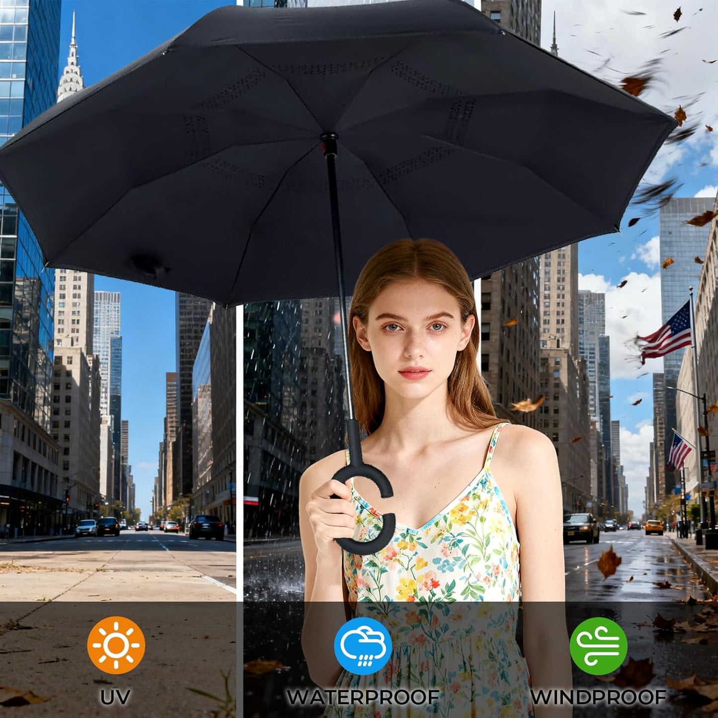 Inverted Umbrella, 49 Inch Double-Layer Vented Reverse Umbrella, Windproof Waterproof UV Protection, Lightweight C-Handle, Fiberglass Ribs, Steel Shaft, Travel/Commute/Car Use, With Sleeve