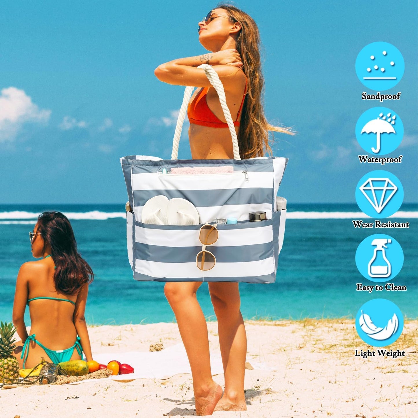 Large Beach Bag for Women, Waterproof Travel Tote Bag with Lunch/Wet Pocket for Weekender, Sandproof, Zipper Closure