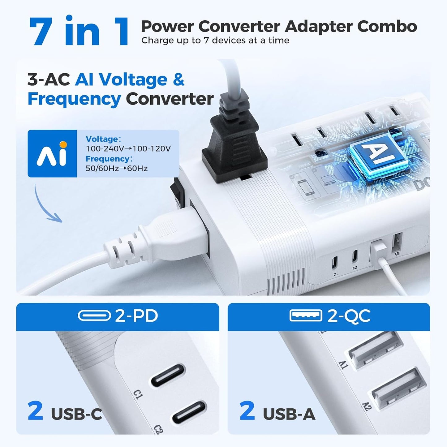 DOACE 220V to 110V Converter for European Travel - 350W Voltage Converter US to Europe with 4 QC+PD Chargers for Using U.S. Devices Abroad - Hair Straightener Shaver Toothbrush Laptop Camera Phone