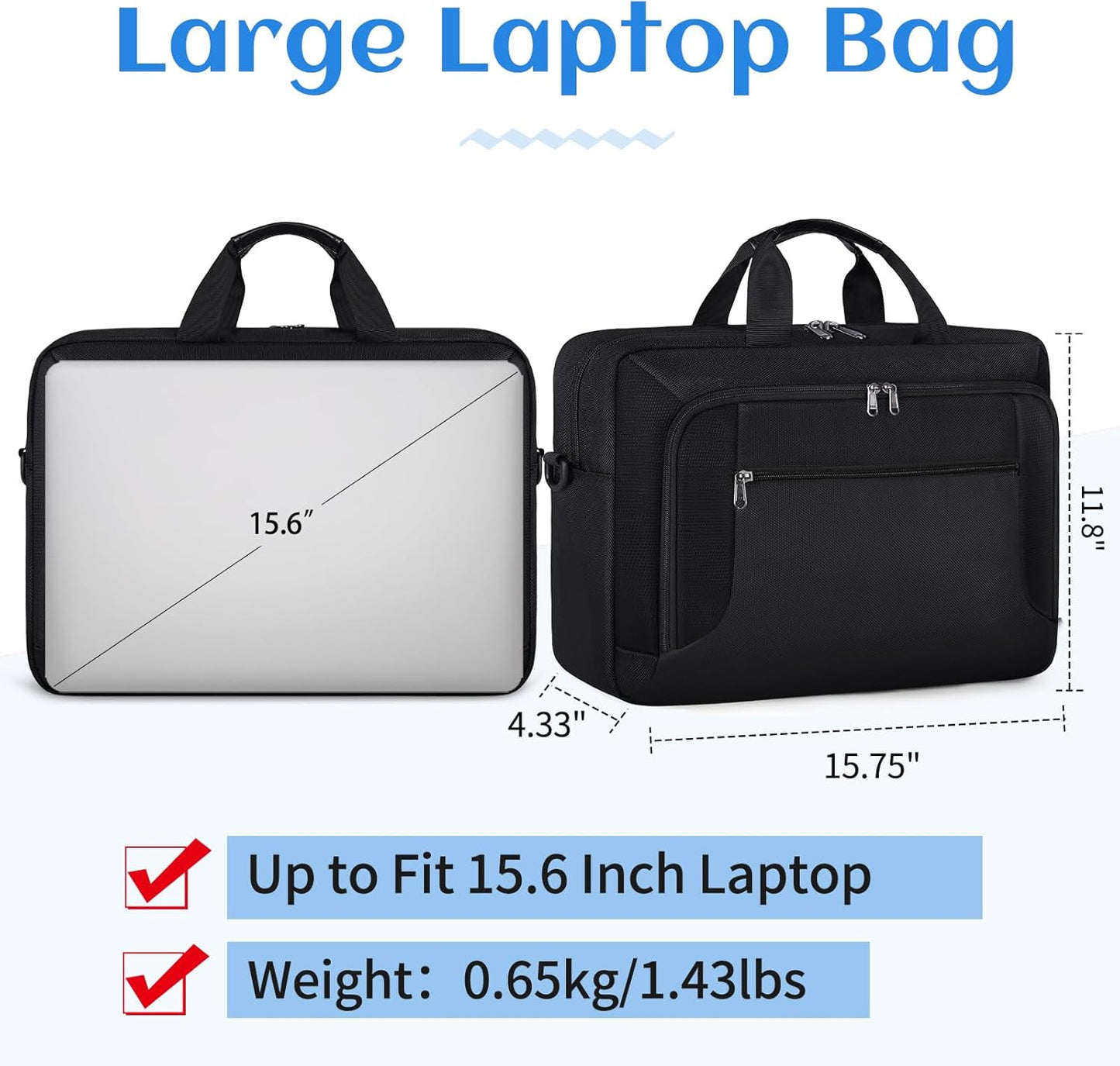 Laptop Bag 15.6 Inch Laptop Briefcase Computer Bag for Men Women Waterproof Business Office Work Large Laptop Case 15.6 Inch Adjustable Shoulder Messenger Bag Black
