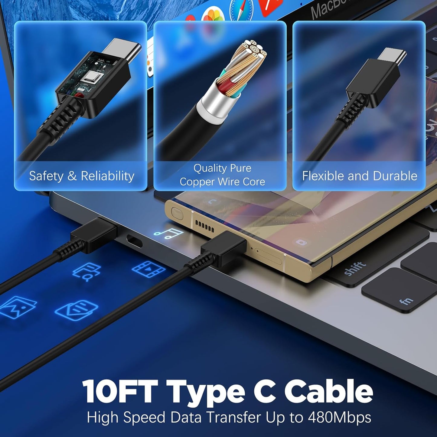 45W Super Fast Charger with Long USB C to C Cable 10ft, Type C Wall Block Plug and Android Phone Charging Cord for Samsung Galaxy S25/S24 Ultra/S23+/S22 Plus/S21/S20/Note 20/10/iPhone 17 16 15 Pro Max