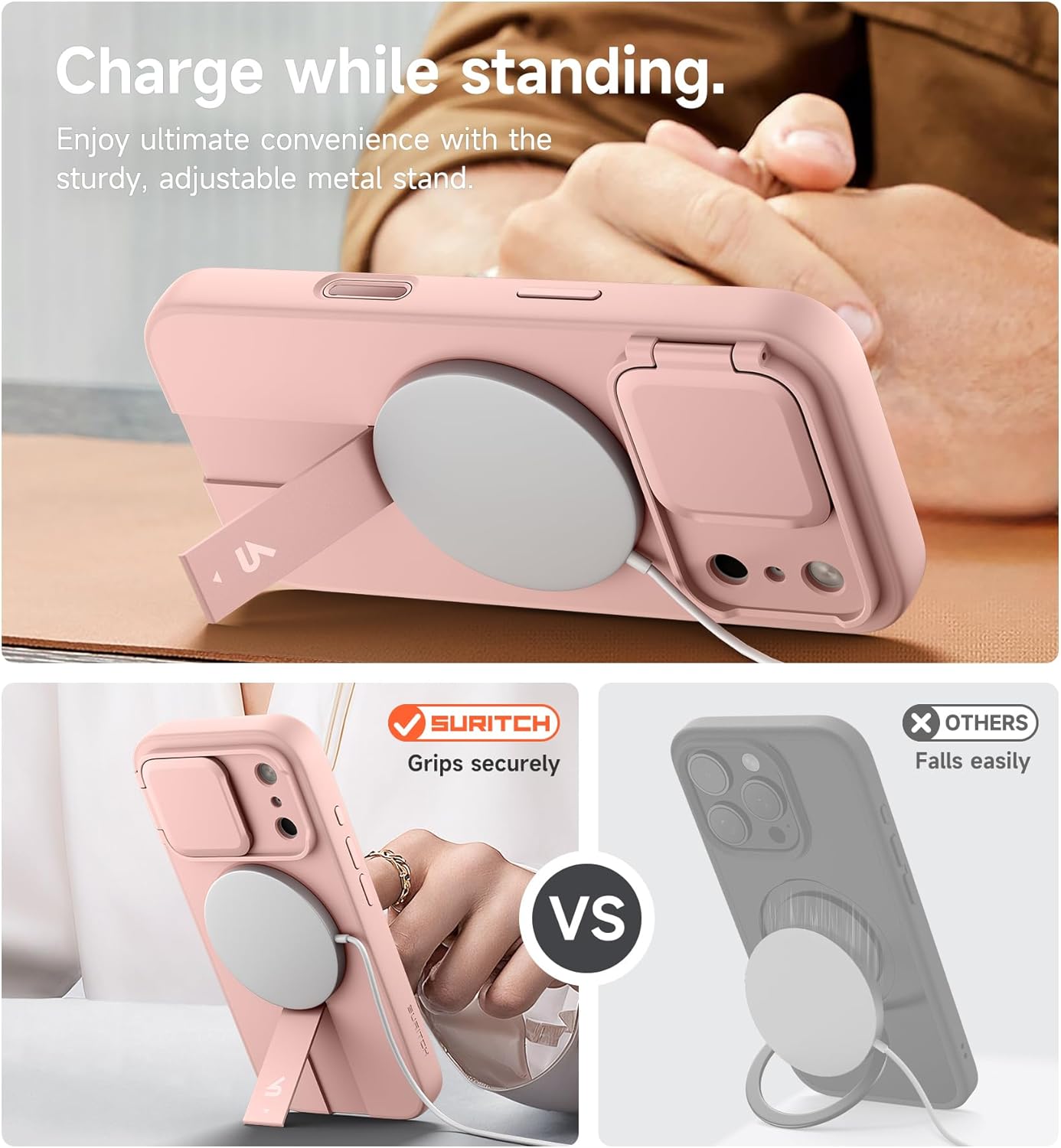 SURITCH for iPhone 17 Pro Max Case with Camera Control Cover, Camera Cover and Adjustable Kickstand, Compatible with MagSafe, Shockproof Bumper Protective Cases 6.9 Inch, Pink