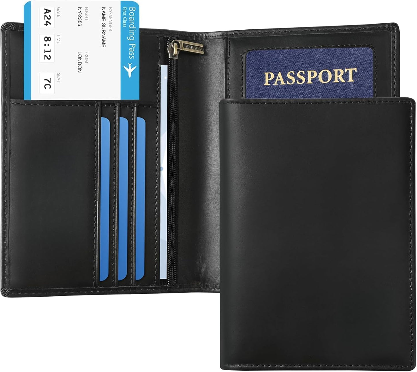 Genuine Leather Passport Cover for Men & Women, RFID Blocking Travel Wallet with Family Storage Capacity (Black)