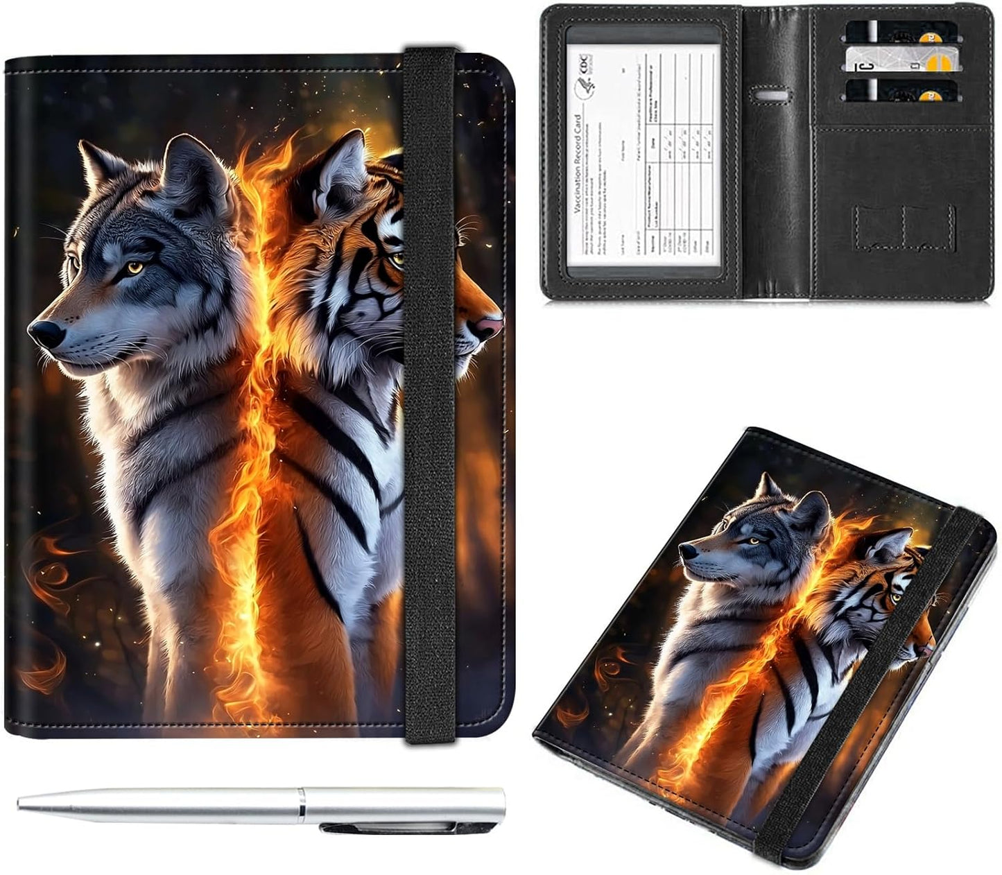 Passport and Vaccine Card Holder Cover Combo,Travel Passport Holder Wallet with RFID Blocking, Leather Vaccine Card Slot Passport Cover Case for Women & Men,A Wolf and A Tiger