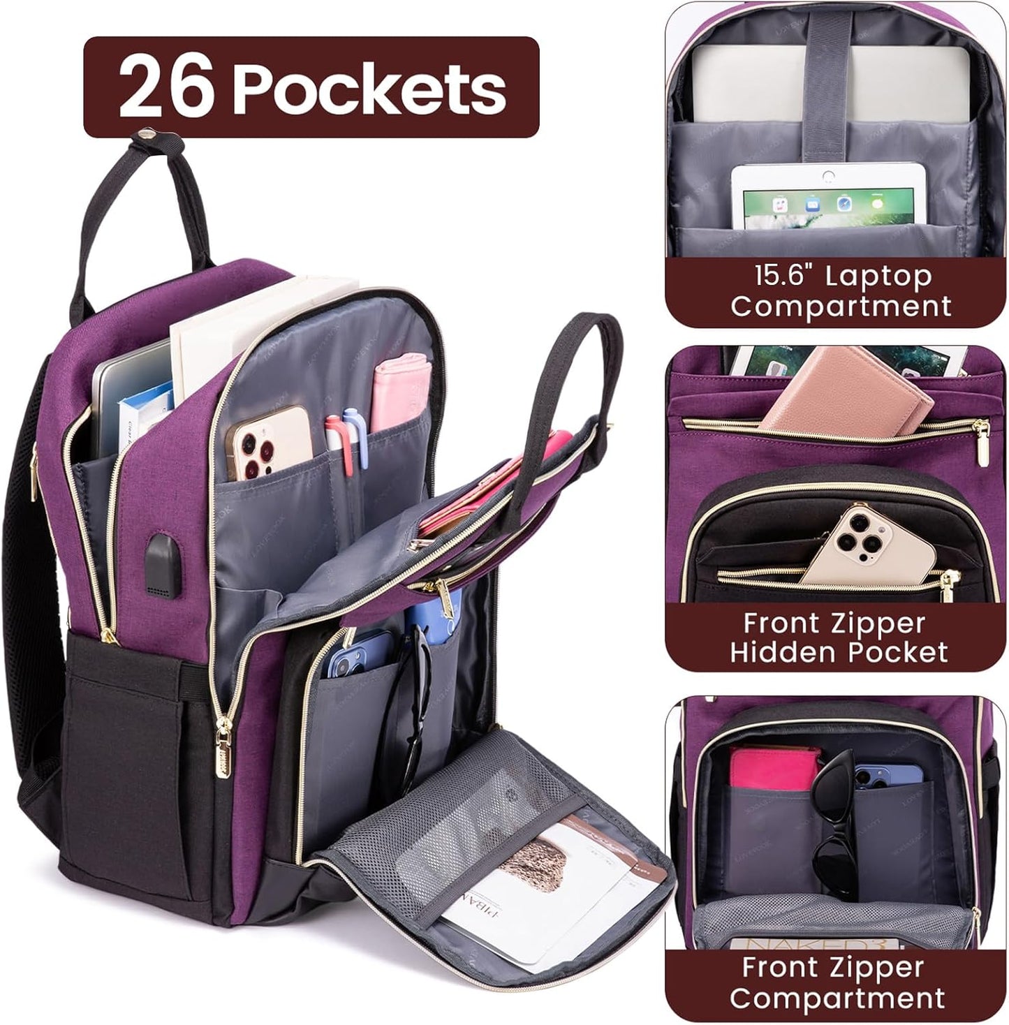 LOVEVOOK Backpack for Women,Laptop Backpack Women,Fits 15.6 Inch Laptop Bag,School Backpacks,Fashion Travel Work Anti-theft Bag,Waterproof Business Computer College Backpack Purse,Purple-Black-Black
