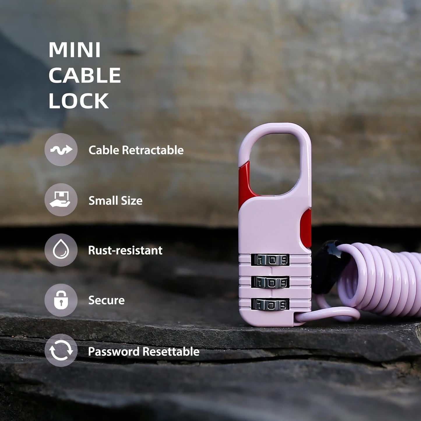 Travel Lock with Retractable Cable, Thin Cable Locks with Combination, Small Padlock Combination, for Luggage, Suitcase, Backpack, Bag, Zipper, Stroller, Bike, Motorcycle Helmet Anti Theft