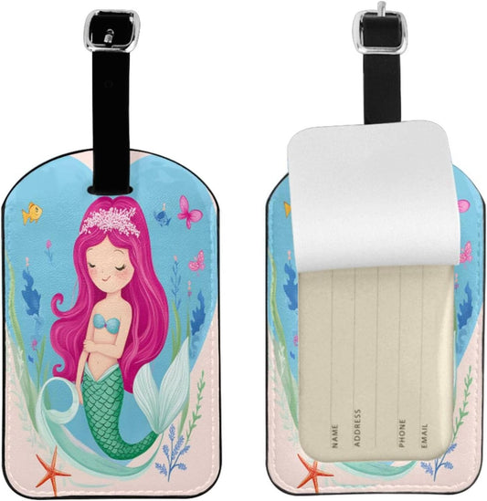 Cute Mermaid Luggage Tag for Suitcases,Water Sea Ocean PU Leather Baggage Tags Bag Tags Travel Id Label for Luggage Women Men -1 Piece