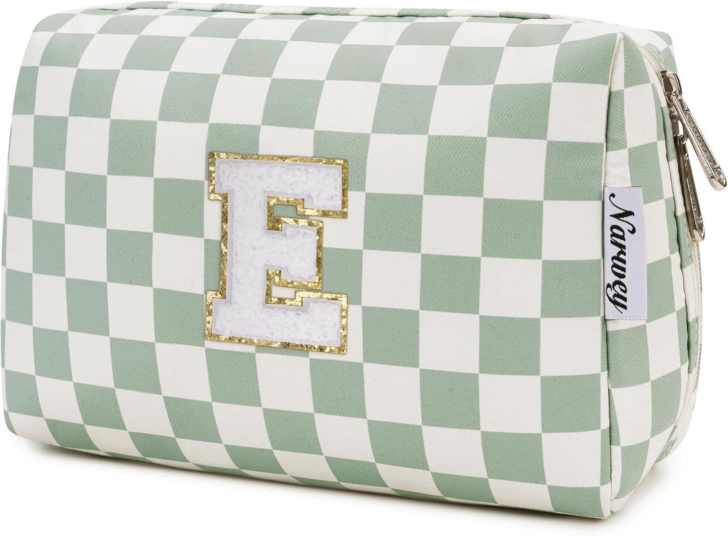 Narwey Birthday Gifts for Teen Girls Women Personalized Initial Checkered Makeup Bag Preppy Cosmetic Bag Trendy Stuff 6 8 10 11 12 13 14 16 18 Years Old Travel Toiletry Bag (Green Letter E)