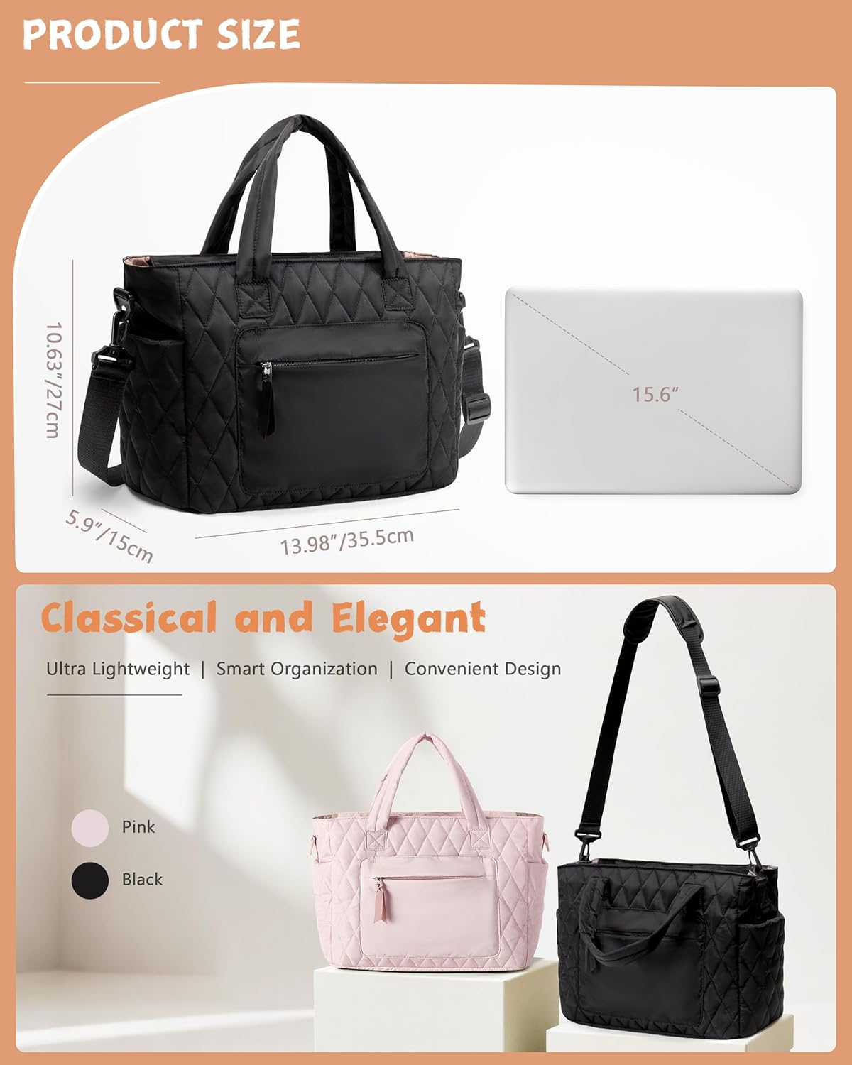 Tote Bag for Women - Puffer Work Tote with Laptop Compartment, Quilted College Shoulder Bag with Zipper for Work