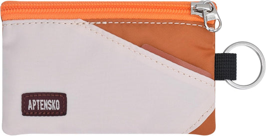 RFID Travel Wallet with Adjustable Lanyard-Zipper Small Wallet with ID Card Holder, Keychain for women&men-Minimalist Slim Waterproof Nylon case for ID, Cash, Key (Almond+Rust)