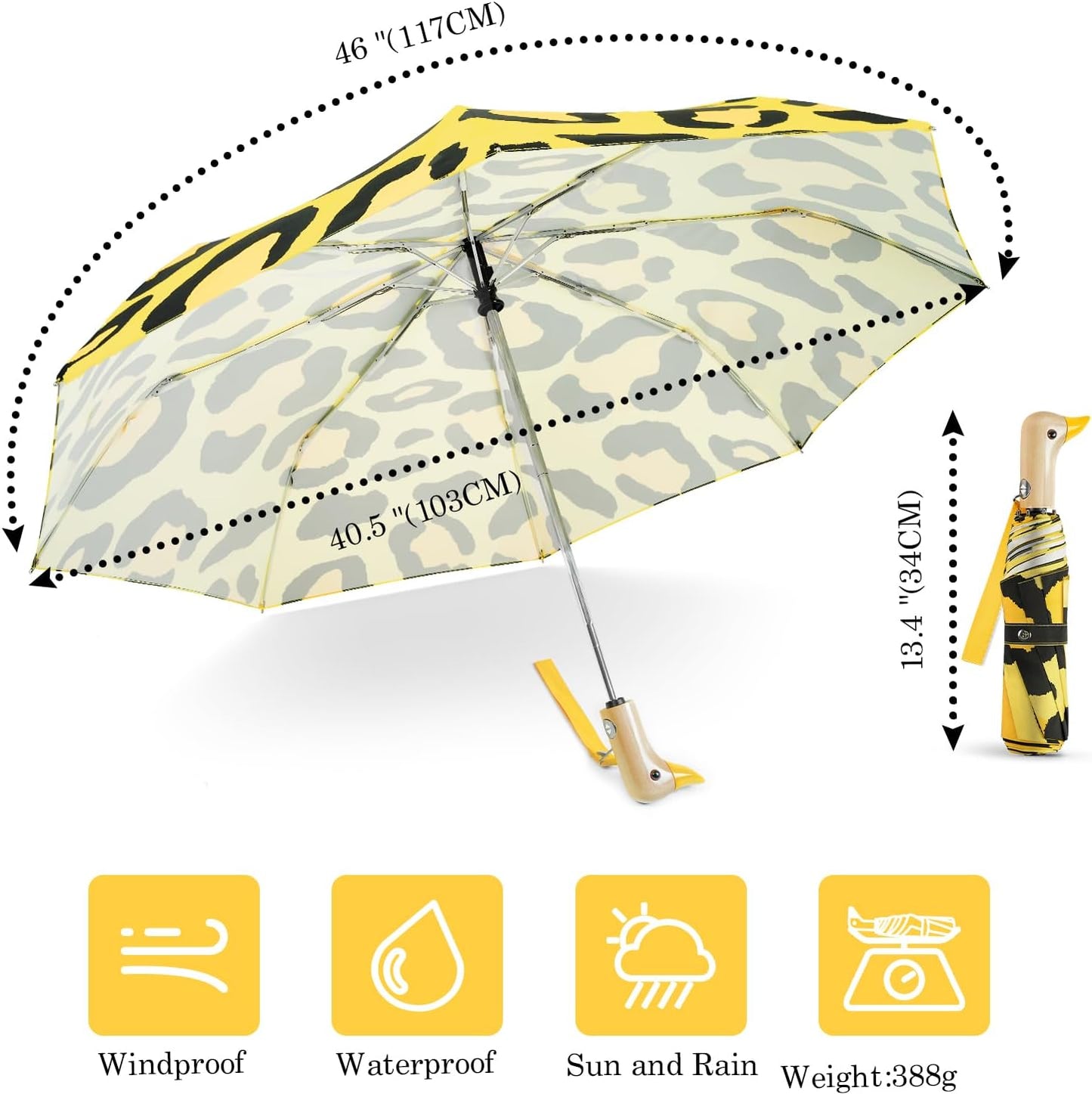 Cute Duck Umbrella Automatic - Compact Pretty Pocket Size Strong Duck Collapsible Umbrella Yellow Wooden Handle for Women