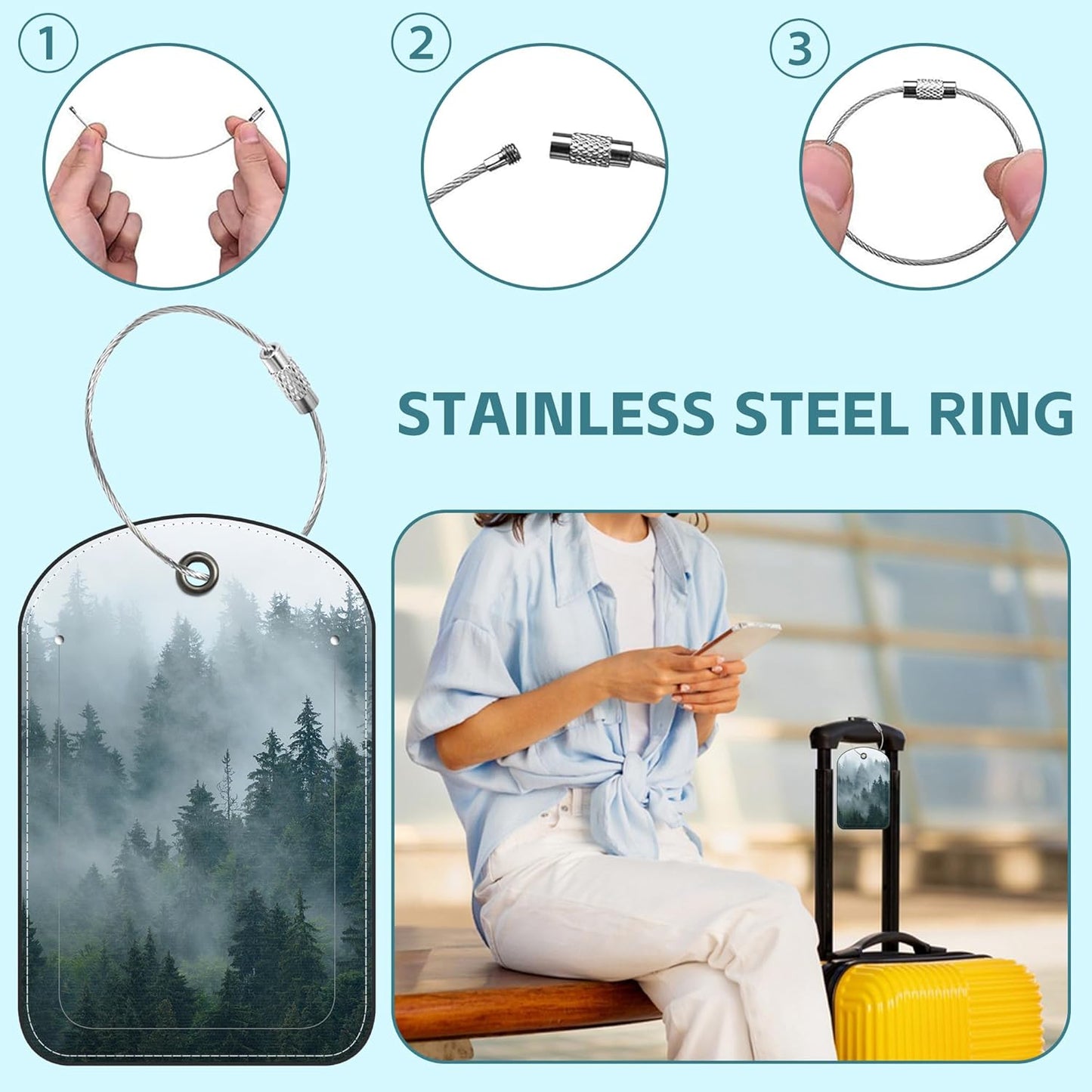 2 Pack Cute Luggage Tag for Suitcases Misty Forest Leather Luggage Tags with Stainless Steel Loop Privacy Flap Name Tags,Men and Women Travel Bag Suitcase Tags