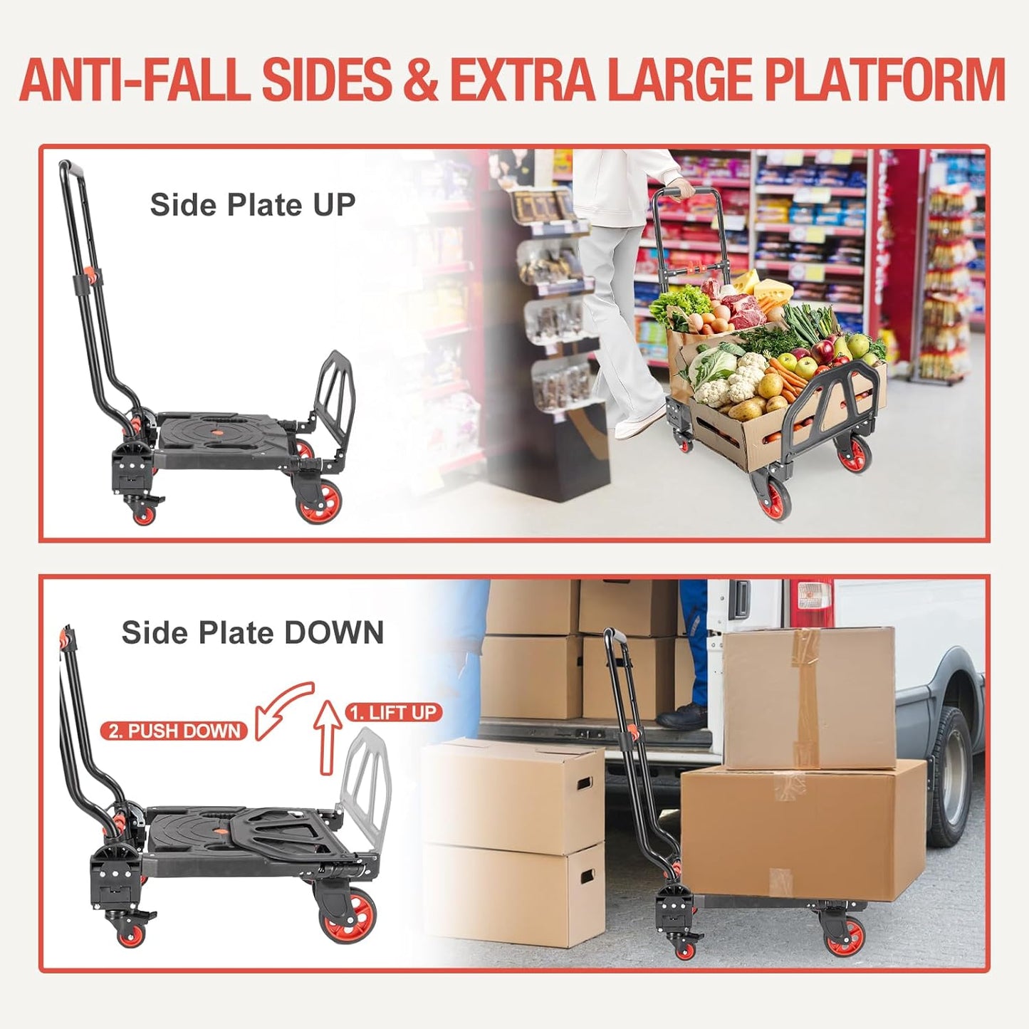 330LB Folding Hand Truck Heavy Duty Carrying, Combination of 4 Wheels & 2 Casters Convertible Dolly Cart with Retractable Handle Dolly for Moving Office Carts
