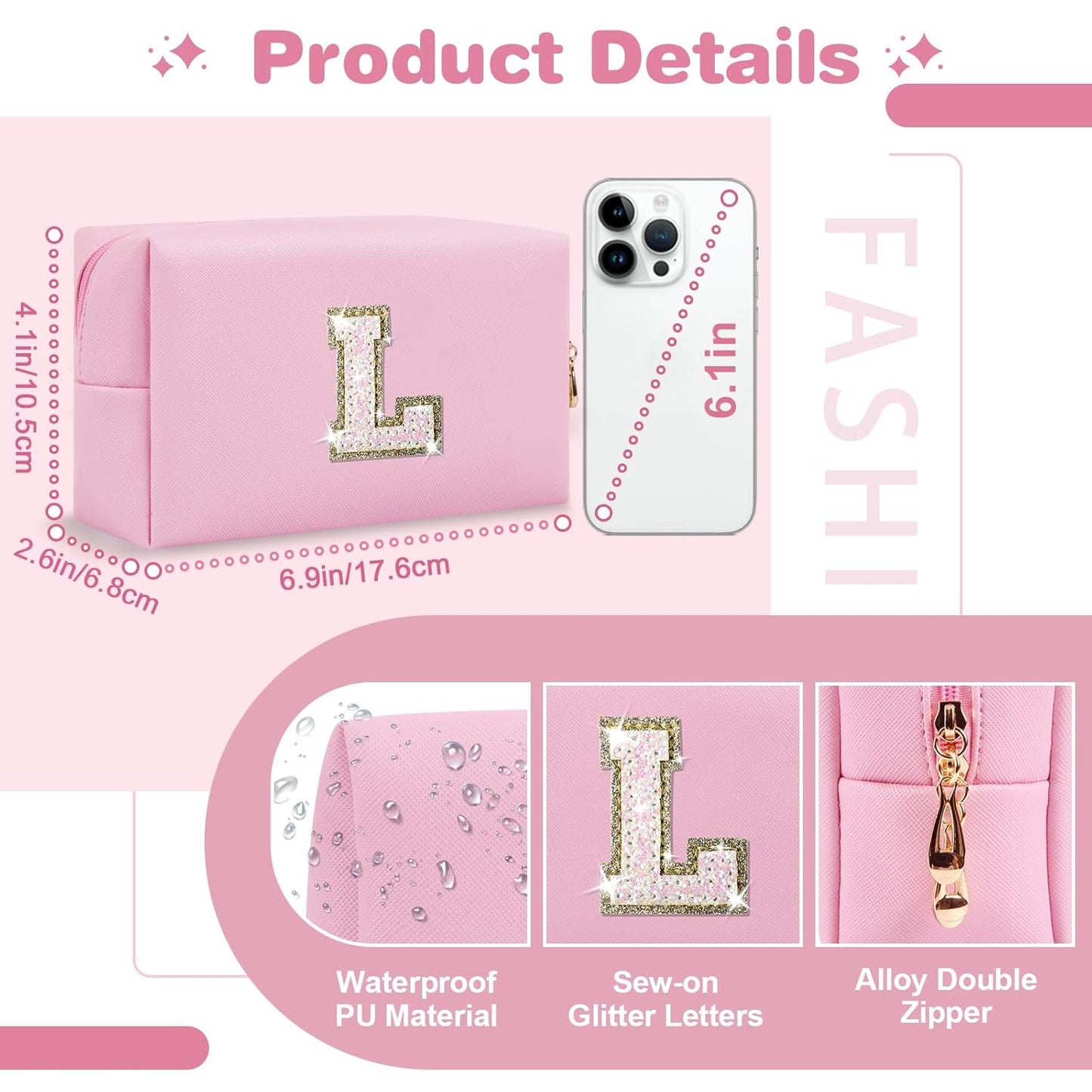 Small Personalized Initial A-Z Patch Makeup Bag,Pink Cute PU Leather Glitter Letter Cosmetic Bag for Teen Girls,Travel Toiletry Bag with Zipper,Preppy Monogrammed Birthday Gift for Daughter Niece L