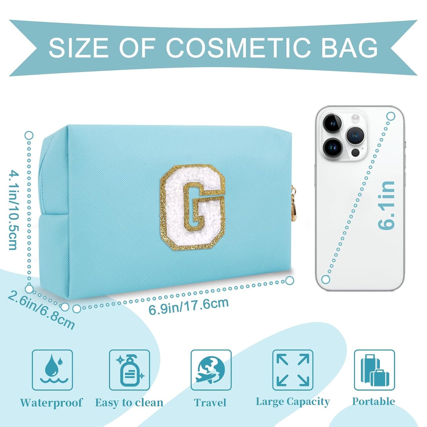 Small Personalized Initial A-Z Preppy Patch Makeup Bag,PU Chenille Letter Travel Cosmetic Pouch