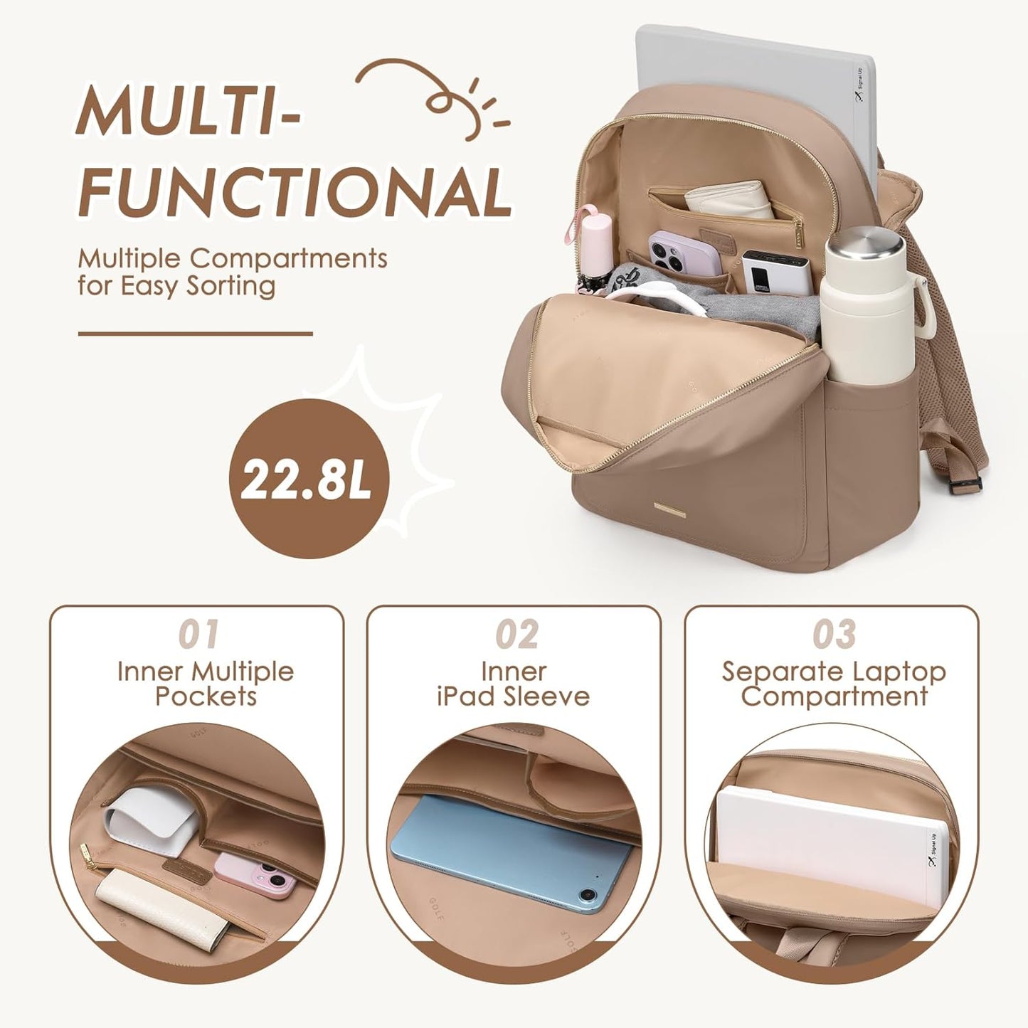 Laptop Backpack for Women,Casual Work Business Backpacks Purse Carry on Travel Backpack,17.3 Inch,Brown
