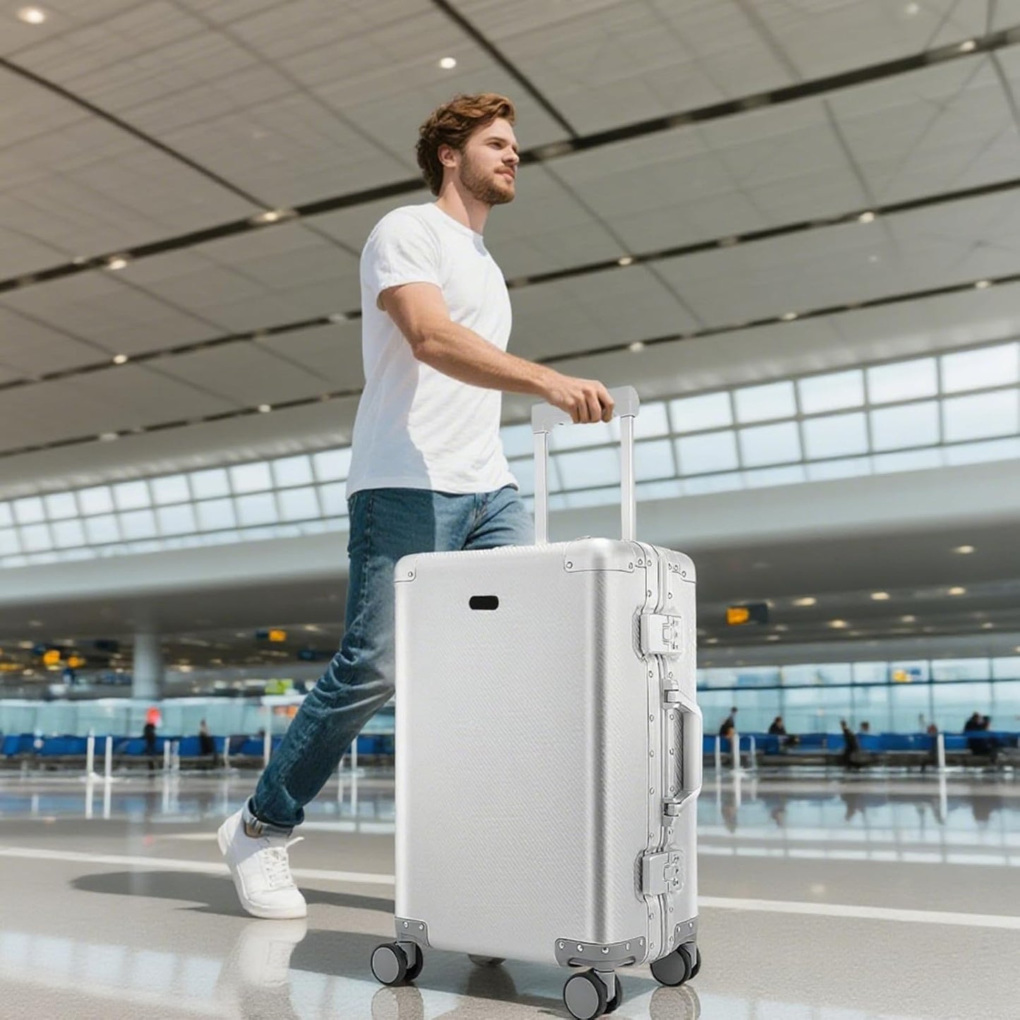 Tmore Aluminum Frame Luggage with No Need to Check in, Hardside Suitcase with Spinner Wheels, Metal Travel Luggage with Double Tsa Locks, 20 Inch, Silver Small