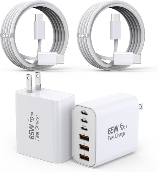 65W USB C Charger Block, 2Pack 6-Port Fast Charging Block with 6ft Long TypeC to TypeC Woven Cable Cord,Multiport Plug,USB C Power Adapter for iPhone 17/17 Air/17 Pro/16/16e/16 Pro Max/15,iPad,AirPods