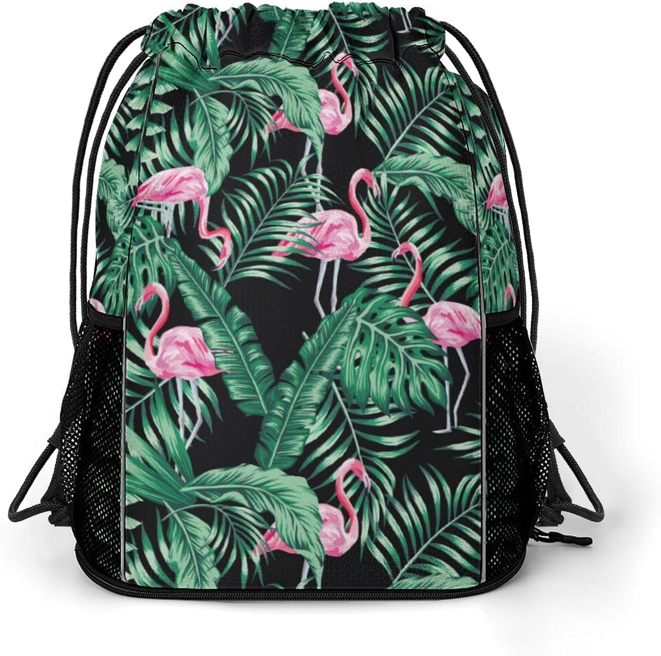 Tropical Flamingos Drawstring Backpack Gym Bag With Shoe Compartment String Bag Sport Beach Swimming Sackpack For Women Men