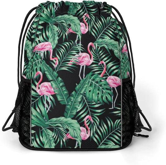 Tropical Flamingos Drawstring Backpack Gym Bag With Shoe Compartment String Bag Sport Beach Swimming Sackpack For Women Men