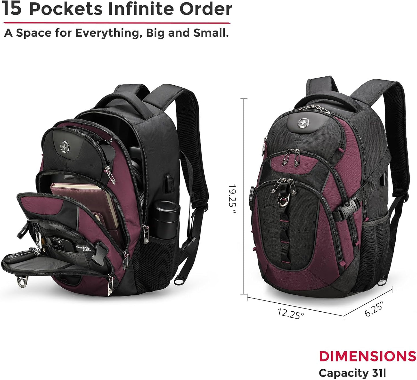 Swissdigital Design Laptop Backpack with USB Charging Port, Travel Backpack Fits 15.6 inches