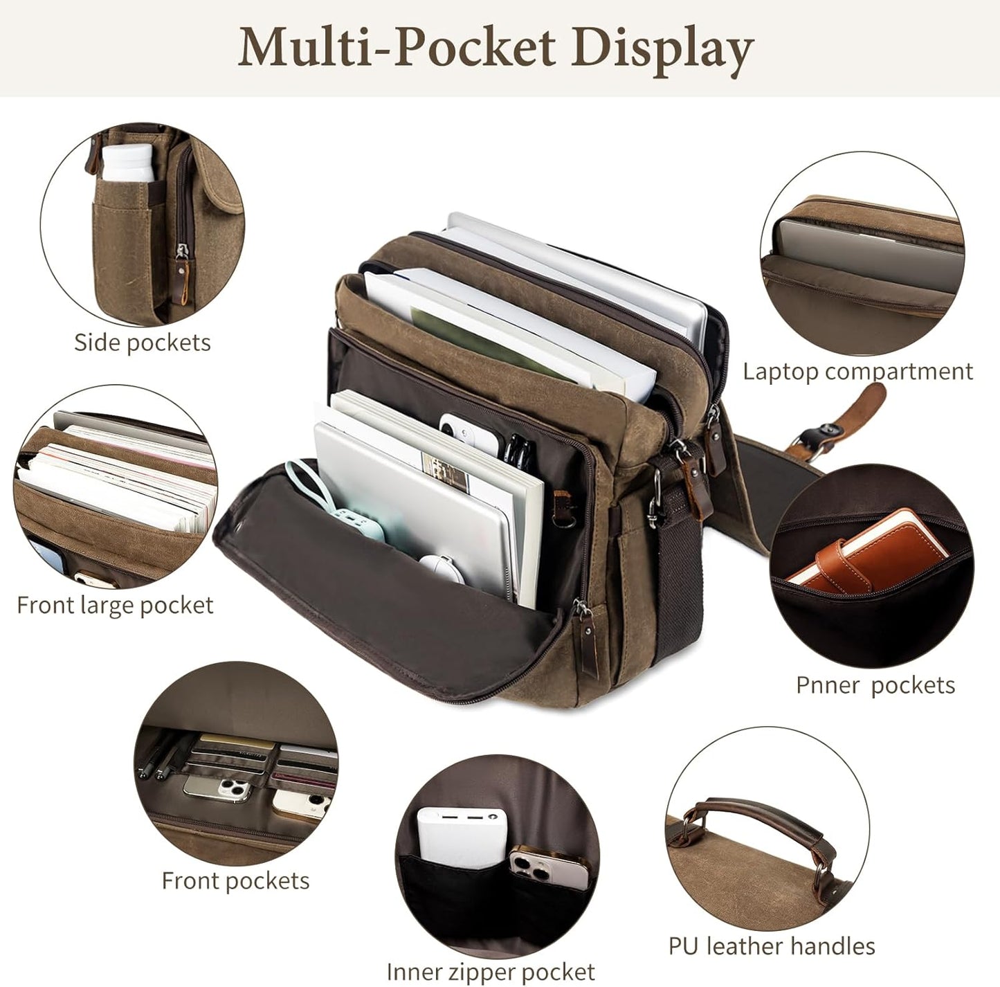 Wogarl 15.6" Messenger Bag for Men: Leather Waxed Canvas Briefcase Large Computer Laptop Bag Handbags Crossbody Bags for Work