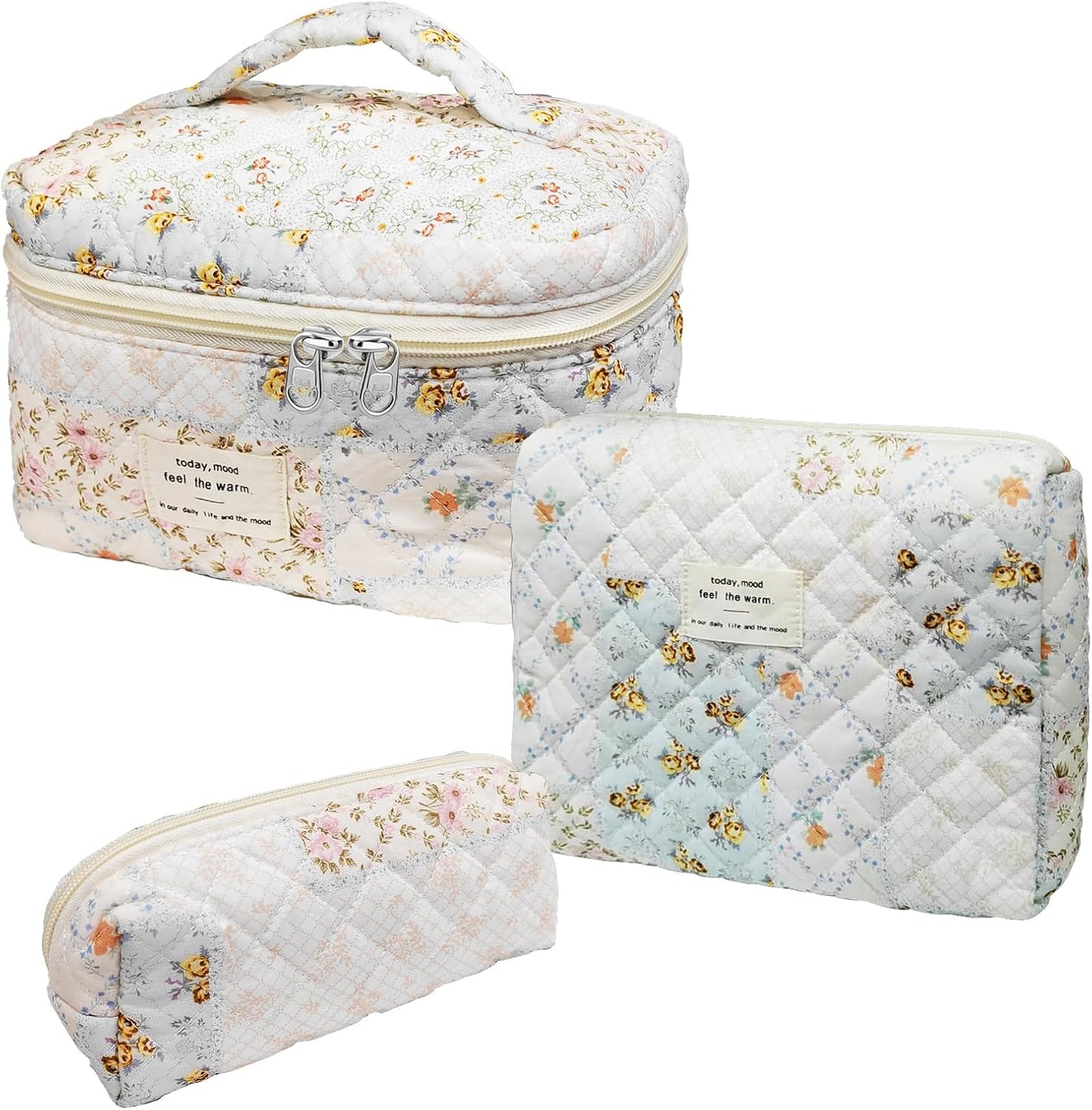 Quilted Makeup Bag, Large Capacity Travel Cosmetic Bag for Women and Girls, Aesthetic Storage for Daily and Travel Use (3pcs-overfloral)