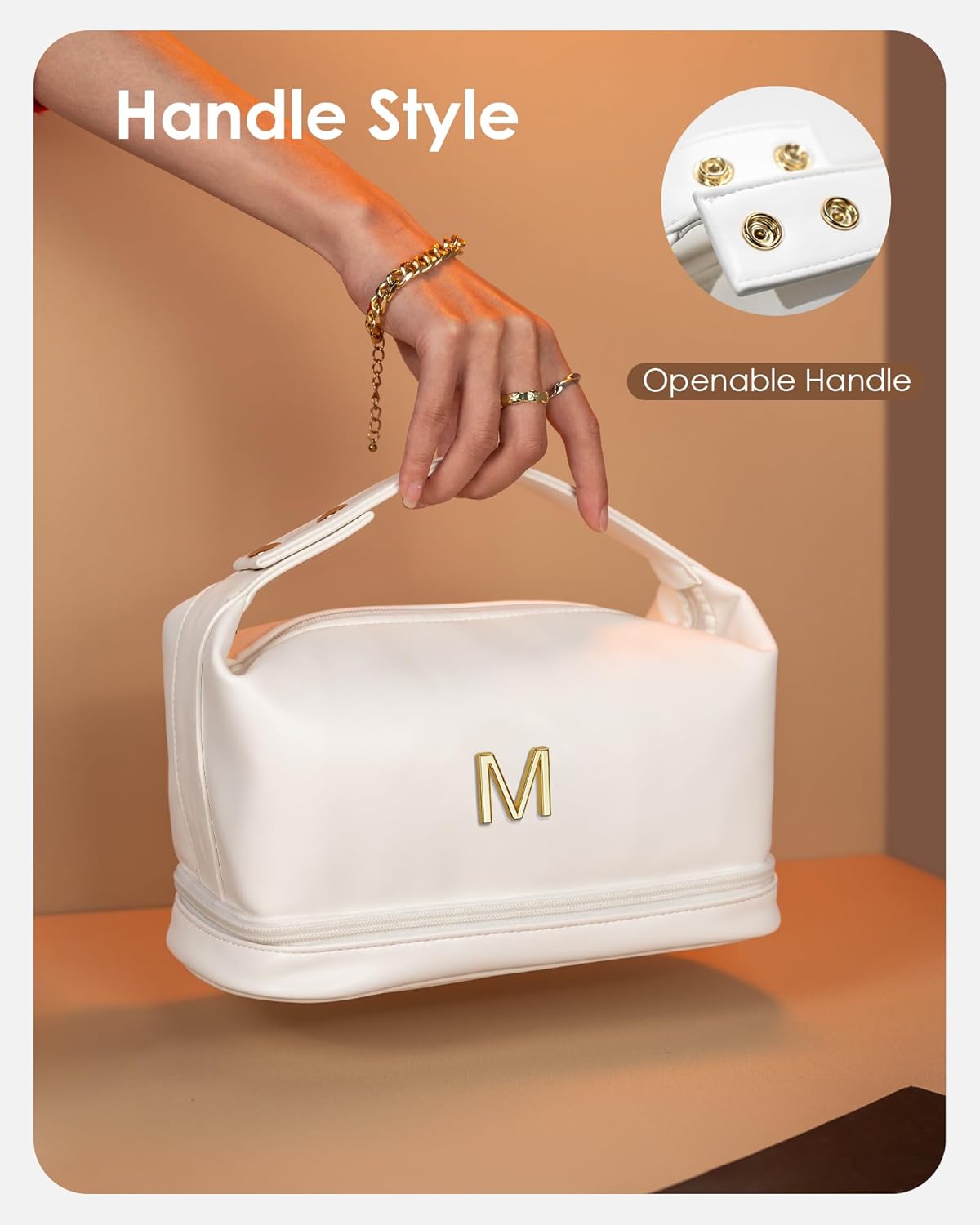 Makeup Bag with Handle, Waterproof Double Layer Cosmetic Bag, Large Capacity PU Leather Makeup Bags