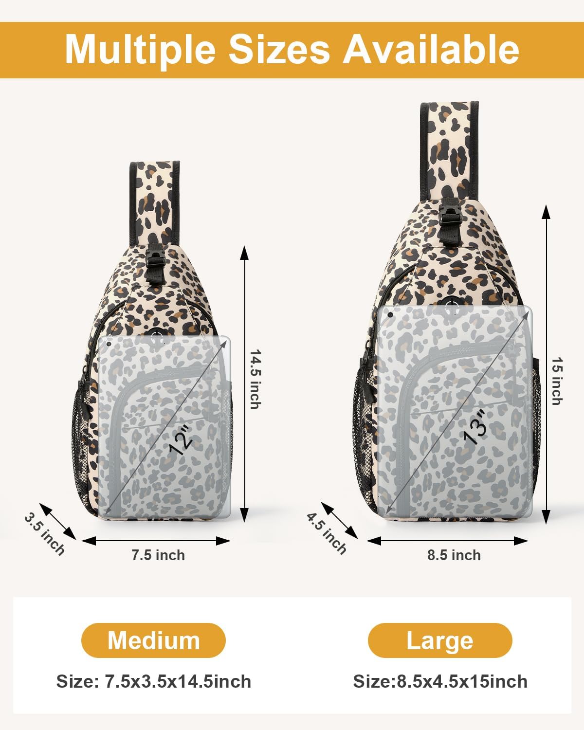 Large Leopard Waterproof Sling Bag Backpack with Adjustable Shoulder Strap for Women Men, Hiking Daypack with Multi-Pocket System and Comfortable Mesh Back Panel