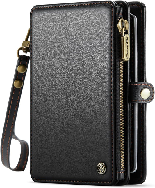 Passport Holder Wallet, 12 Card Slots RFID Blocking Travel Organizer, Zippered Coin Pocket & Detachable Wrist Strap Secure AMagnetic Closure Passport Case for Men & Women (Black)