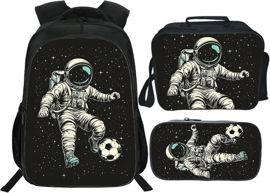 Soccer Backpack Kids Sports Bookbag 16inch Schoolbag With Lunch Box Bag And Pencil Case Set For Boys Girls