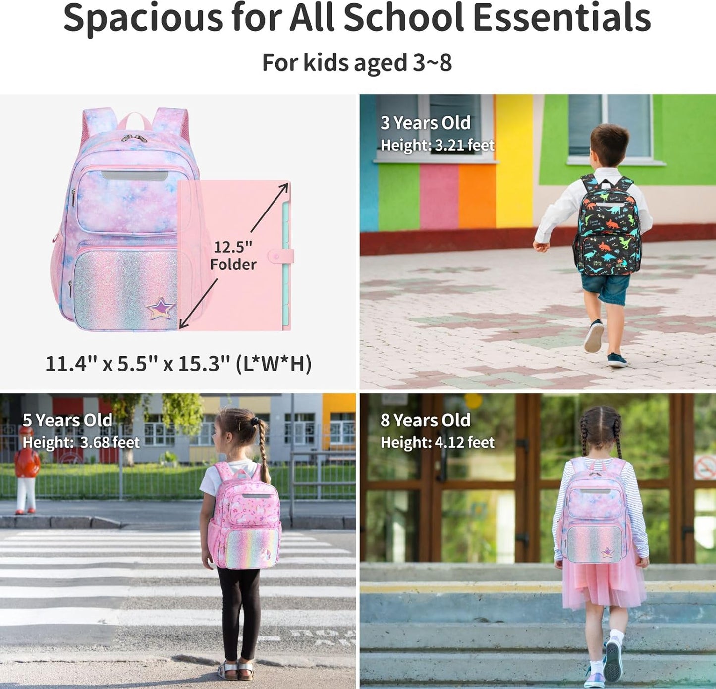 Kids Backpack for Girls - 15 Inch Backpack for Kids 3 to 8, Lightweight Bookbag for Preschool Kindergarten Elementary School, Insulated Pocket, Safe Reflective Stripe, Pink Tie-dye