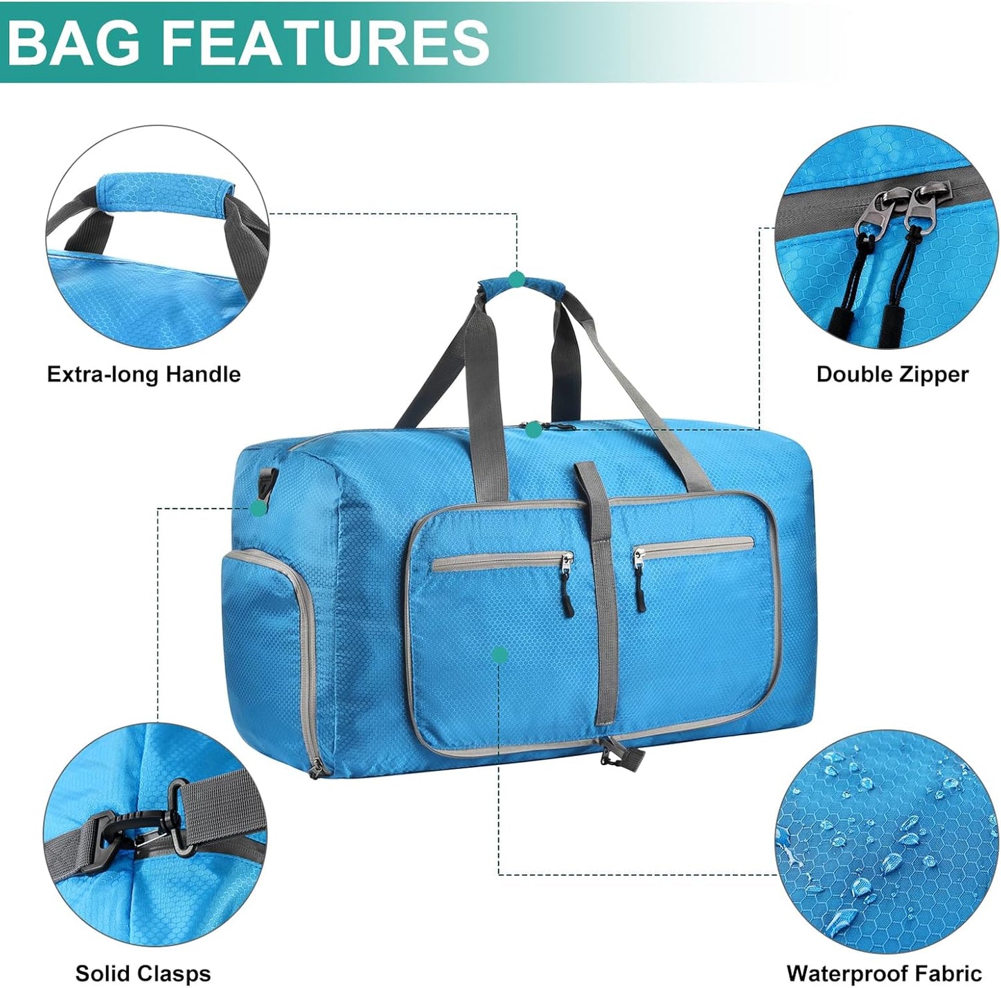Dimayar Travel Duffle Bag for Men Women - Foldable Duffel Bag with Shoes Compartment - Overnight Bags Waterproof & Tear Resistant(40L,Light Blue)