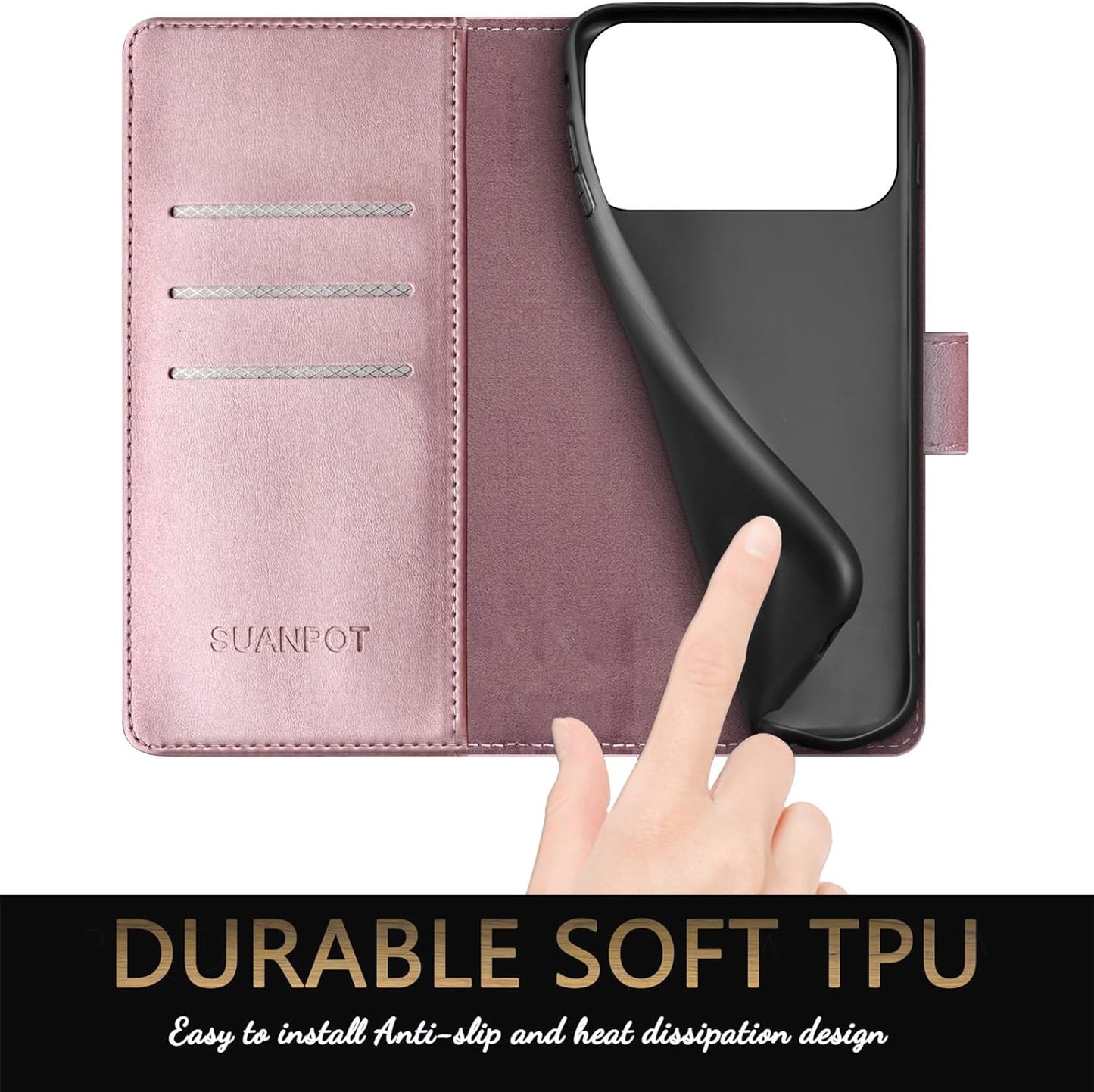 SUANPOT Compatible with iPhone 17 Pro Max 6.9" Wallet case with RFID Blocking Credit Card Holder,Flip Book PU Leather Protective Cover Women Men for Apple 17 Pro Max Phone case Rose Gold