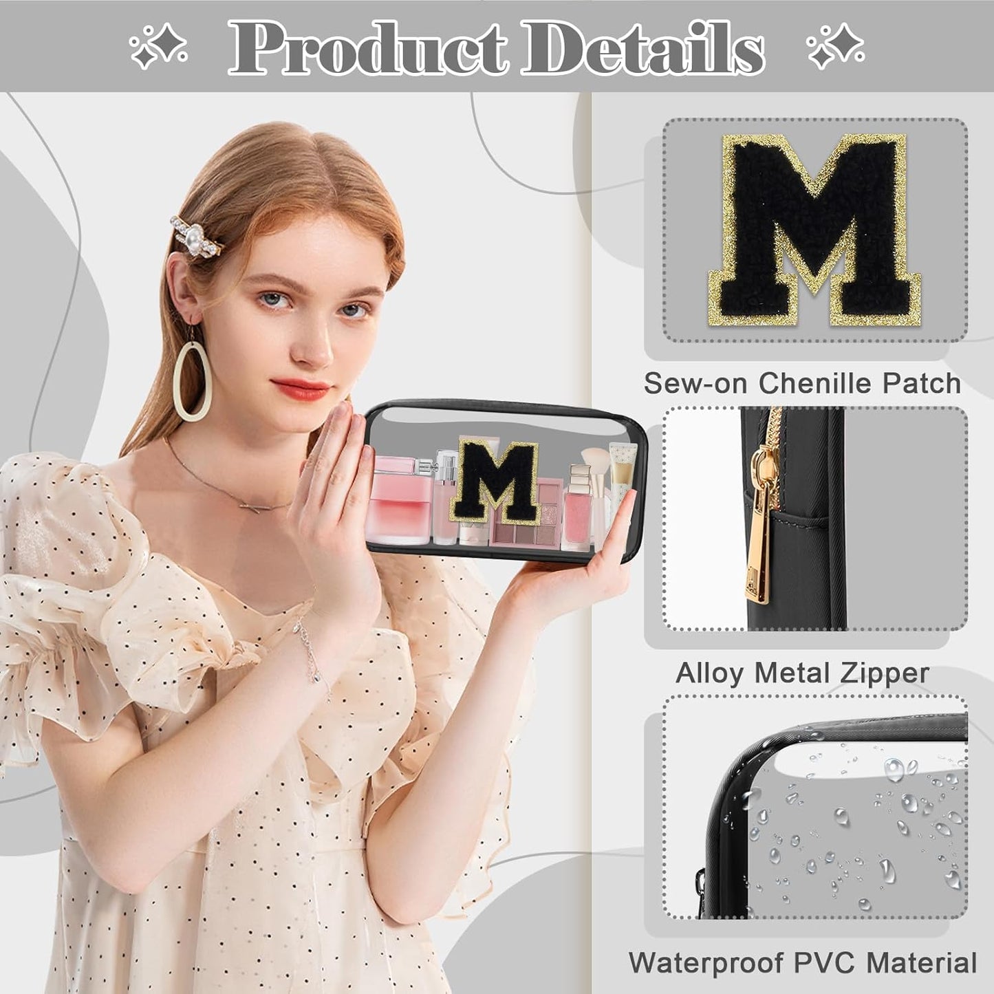 Personalized Initial Letter Clear Makeup Bag,Preppy Small Nylon&PVC Cosmetic Zipper Bag with