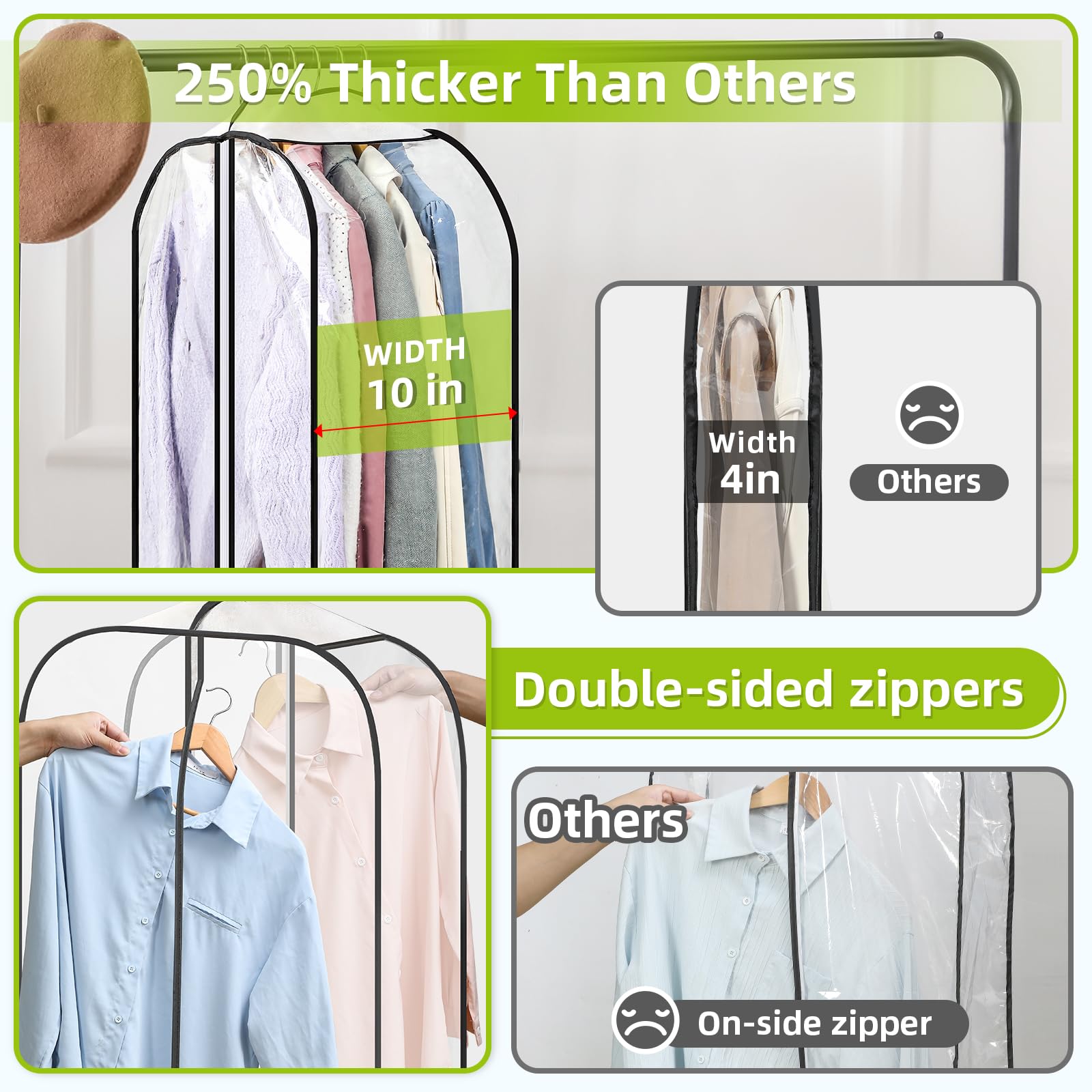 LANDNEOO 6 Pack Clear Garment Bags for Hanging Clothes with Zippers on Double Sides - 10'' Clothes