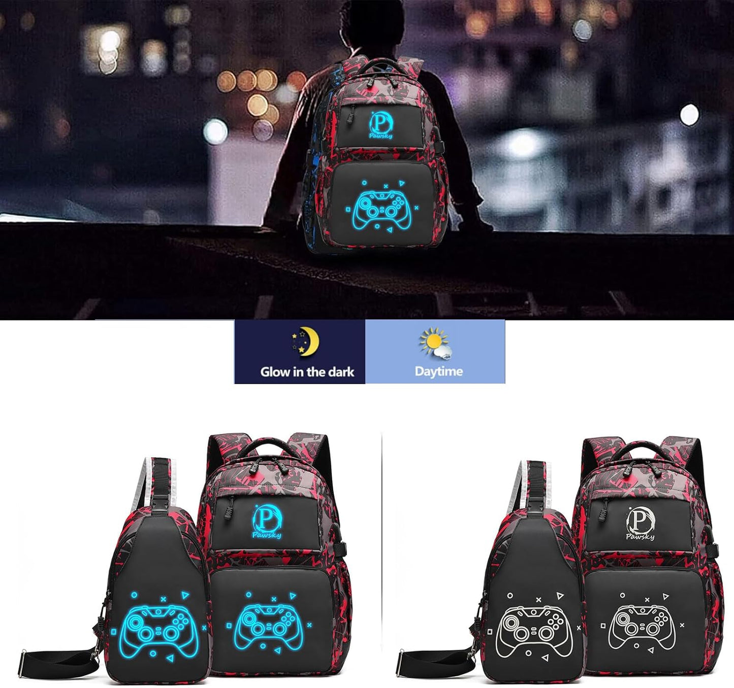 Kids Backpack for Boys Girls Elementary Primary Middle School Bags Cool Luminous School Backpack with USB Charging Port, College Bookbag Lightweight Laptop Bag with Sling Bag Set, Red