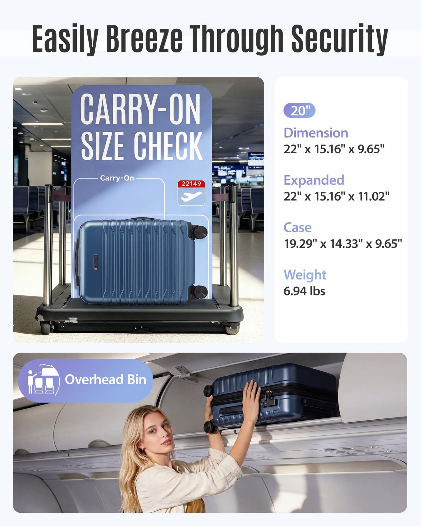 LIGHT FLIGHT Expandable 20" Carry On Luggage 22x14x9, TSA Lock, Blue