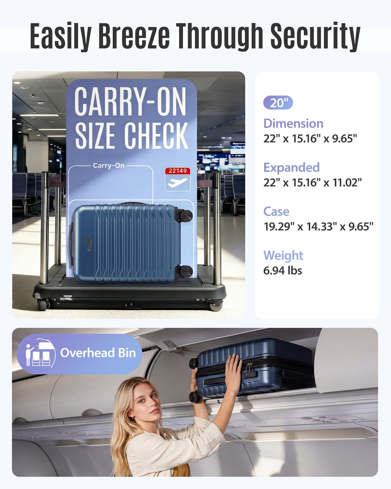 LIGHT FLIGHT Expandable 20" Carry On Luggage 22x14x9, TSA Lock, Blue
