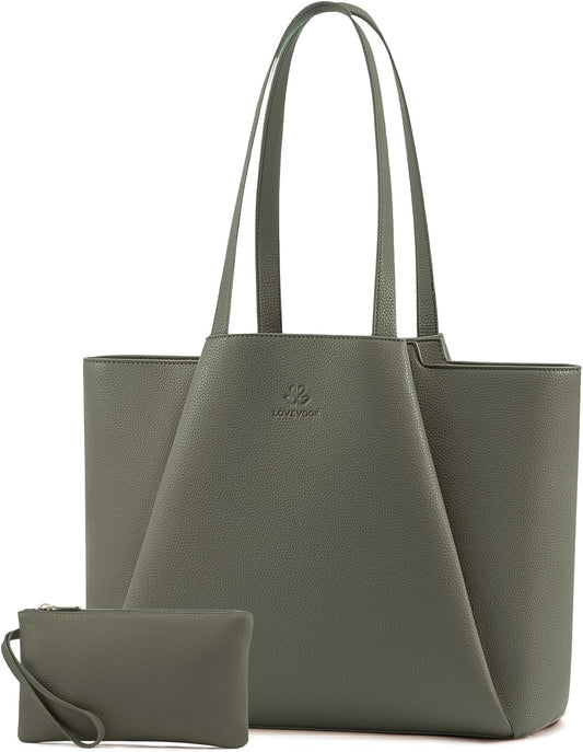 LOVEVOOK Laptop Tote for Women - 15.6 Inch Faux Leather Laptop Bag with Clutch, Large Capacity Office Purse Computer Briefcase for Casual Business Travel,Dark Green