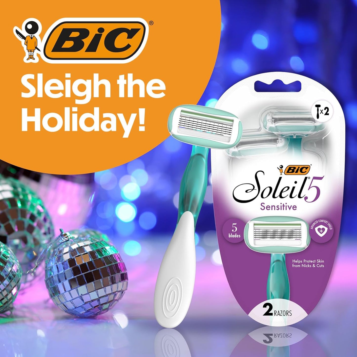 BIC Soleil 5 Sensitive Women's Disposable with 5 Blade Razors, 360-Degree Moisture Strips, Anti-Slip Grip, 2-Pack