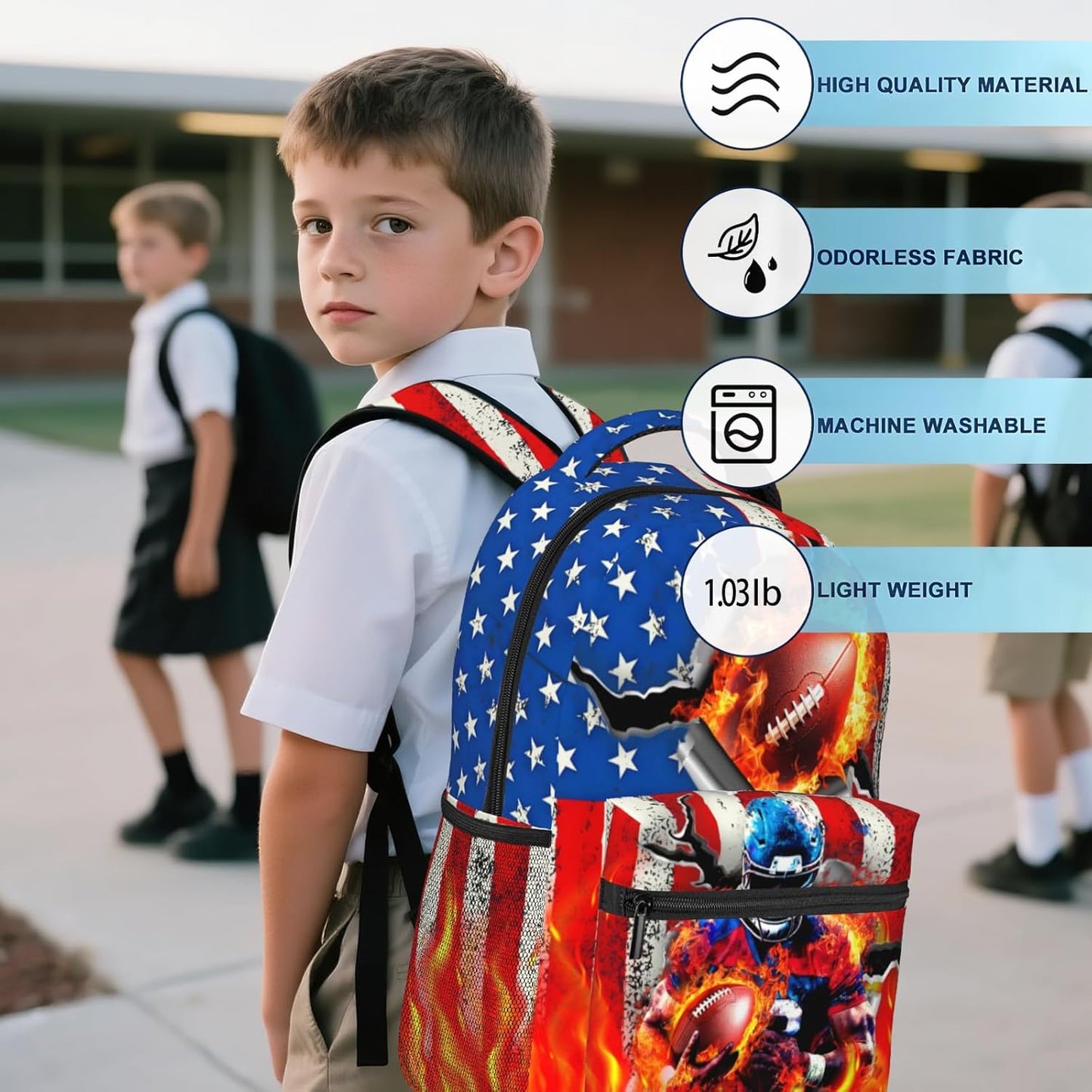 American Football School Backpack for Boys Sports Theme Backpack for Kid Boys Ages 6-18 Elementary Middle School Students Kids' Backpacks Football American Flag Bookbag Travel Back Pack