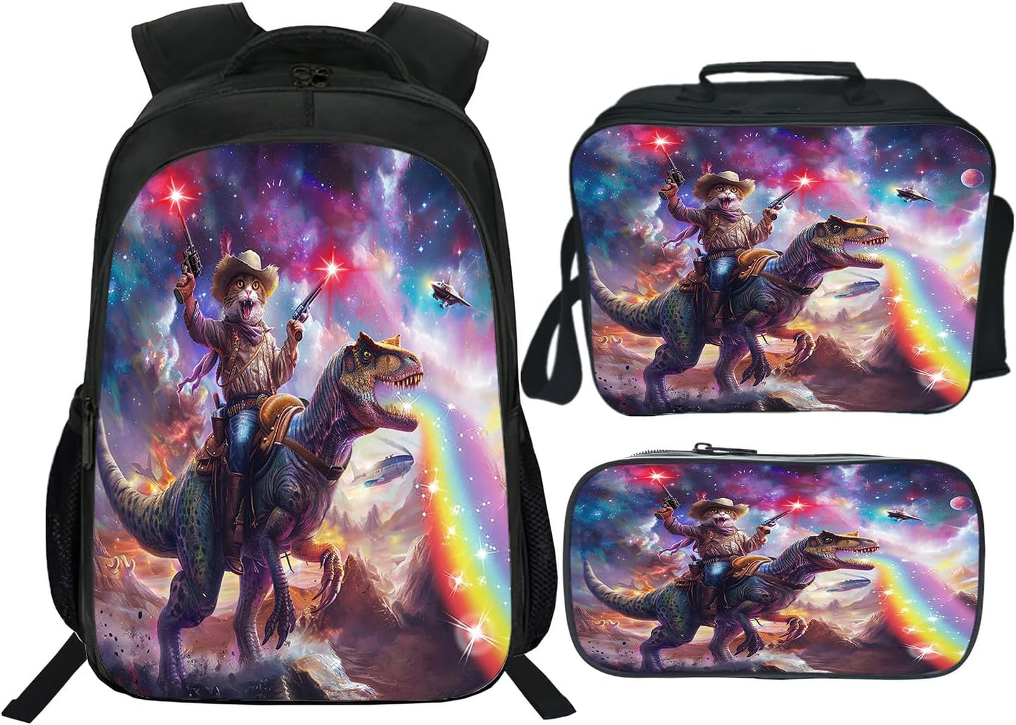 Klymax Cat Dinosaur Backpack Funny Space Kids Schoolbag with Lunch Box Bag Pencil Bag 3pcs Bookbag Sets for Boys Girls
