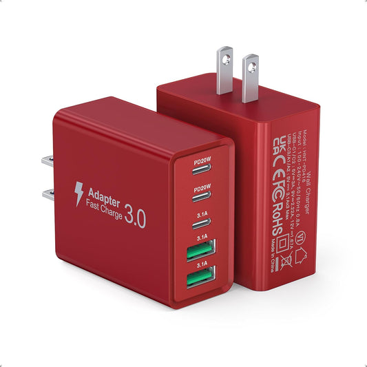 2Pack USB C Fast Charger Block,60W 5-Port Type C Wall Charger Brick,2 USB A and 3 USB C PD3.0 Multiport Charging Plug Power Adapter Brick Cube for iPhone 17/16/15/14/13,Pad Mini/Pro, GalaxyS23 S22