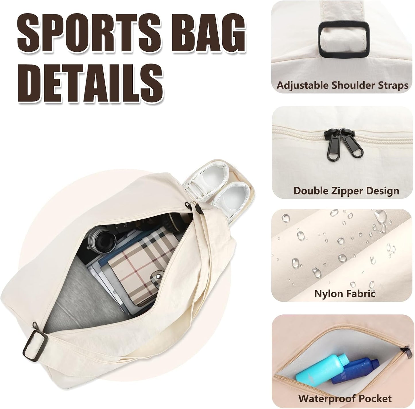 Small Gym Bag for Women with Shoes Compartment and Wet Pocket, Lightweight Travel Duffel Overnight Bags for Women & Men, Weekend Carry on Bag - Sport Yoga Swimming Dance(Beige)