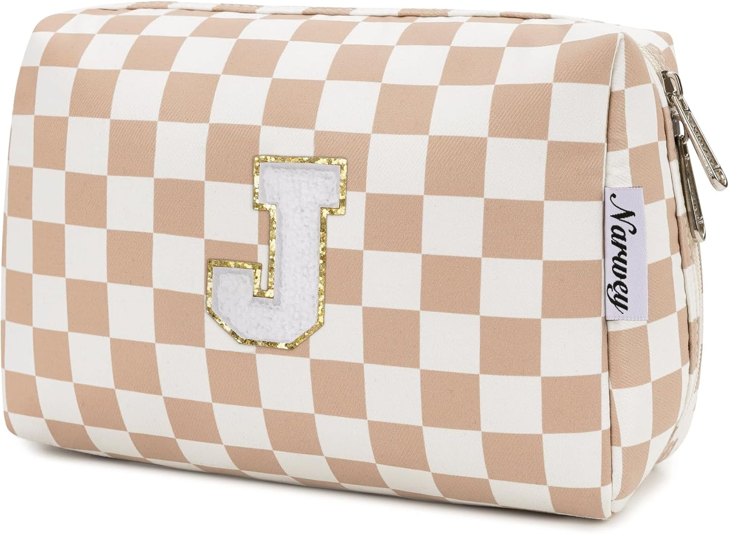Narwey Birthday Gifts for Women Teen Girls Kids Personalized Initial Checkered Makeup Bag Cute Cosmetic Bag Trendy Stuff 6 8 10 11 12 13 14 16 18 Years Old Travel Toiletry Bag (Brown Letter J)