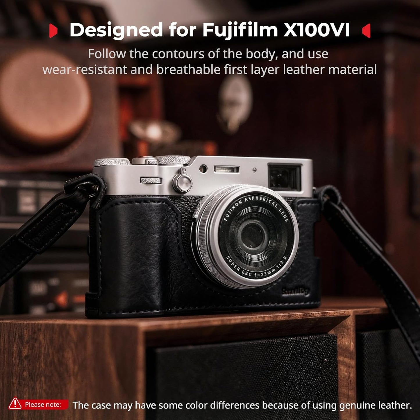 SMALLRIG Leather Case Kit for FUJIFILM X100VI, Including Leather Half Case, Flip Cover and Shoulder Strap, Genuine Leather Material, Portable and Protecting, Black-5622
