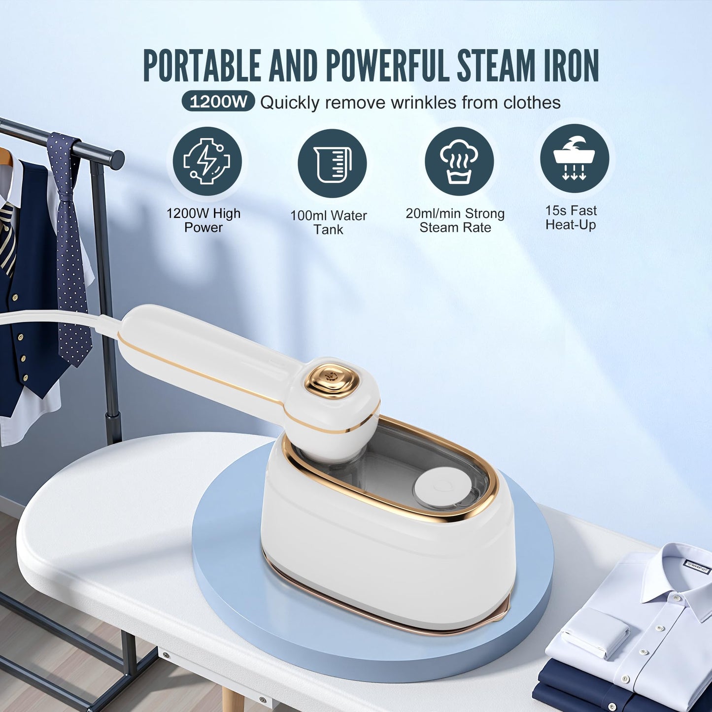 Travel Steamer for Clothes, 1200W Mini Travel Iron with Steam, Handheld Rotary Garment Iron