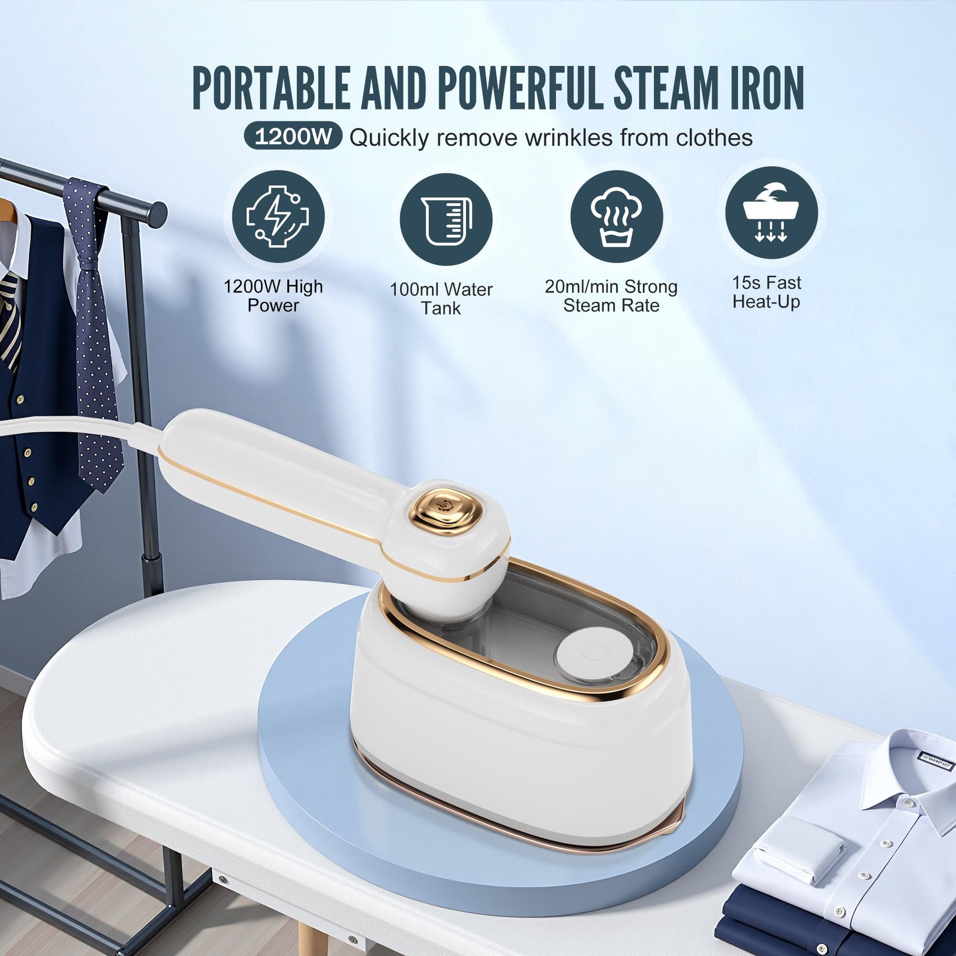 Travel Steamer for Clothes, 1200W Mini Travel Iron with Steam, Handheld Rotary Garment Iron