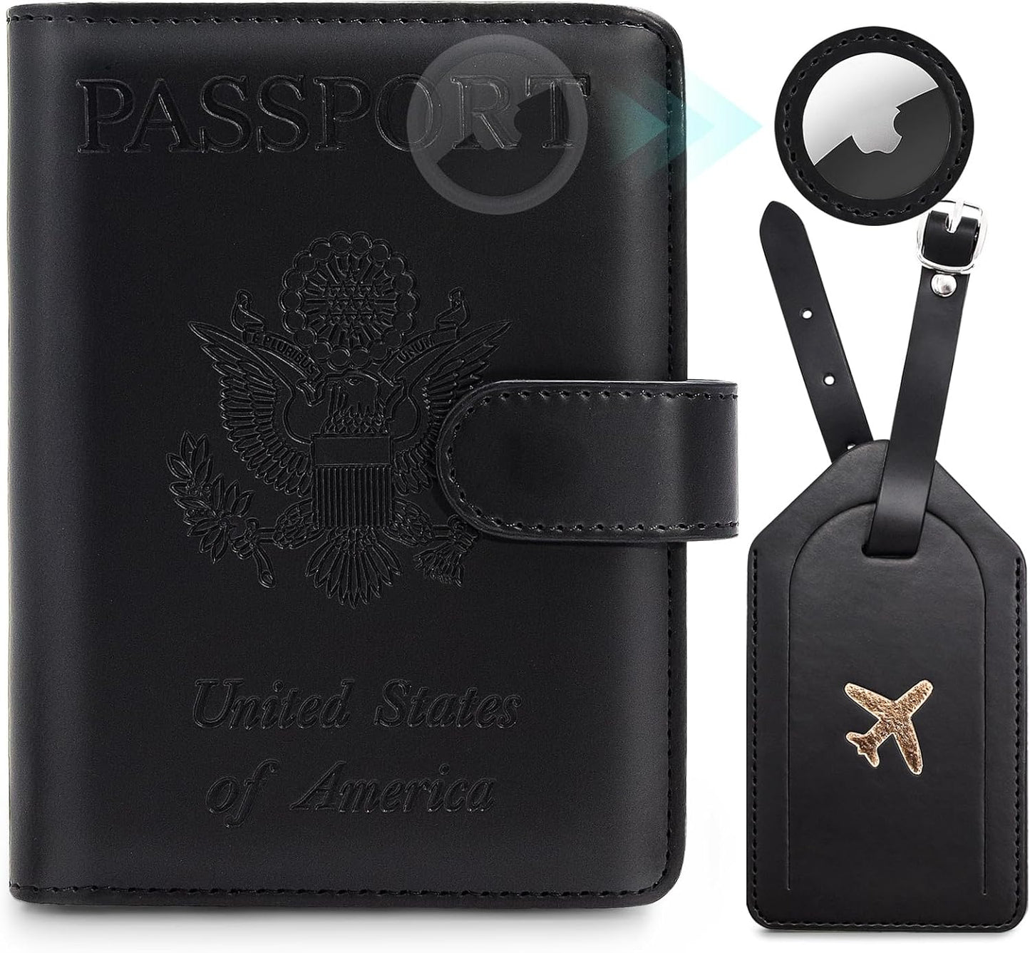 Passport Holder For Travel with Slot for AirTag & Luggage Tag Cover – RFID Blocking Travel Passport Wallet for Women/Men/Family | PU Leather Passport Case with Extra Money Pocket, Black
